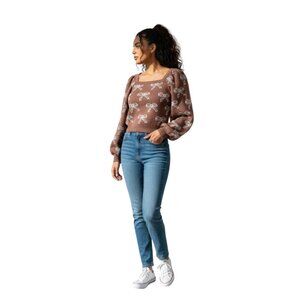 NWT Willow & Wind Women’s Knit Sweater Chocolate Bow Pattern Puff Sleeve – L